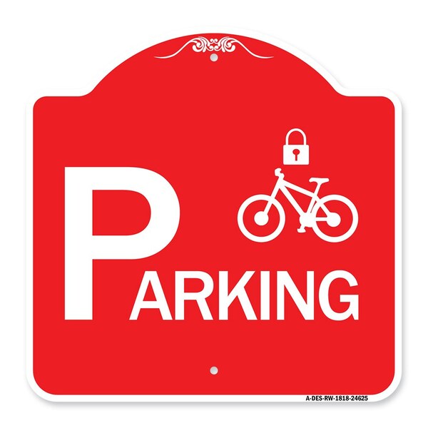 Signmission Parking With Cycle and Lock, Red & White Aluminum Architectural Sign, 18" x 18", RW-1818-24625 A-DES-RW-1818-24625 - main